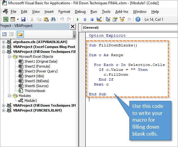 VBA Macro code to fill down blank cells