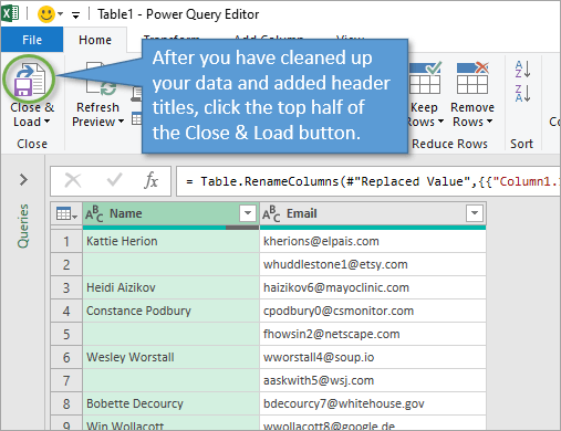 Power Query Close & Load Button