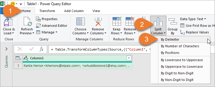 Split Column by Delimiter Option on the Home Tabe of Power Query