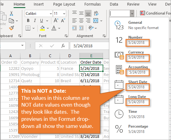 Not a Date Previews on Format Drop-down in Excel