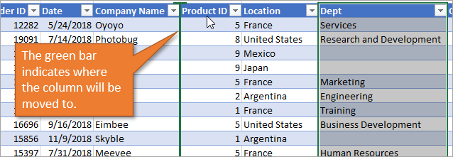 To move a column in Excel Tables