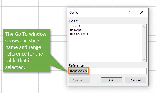 Go To Window shows the sheet name and range for table