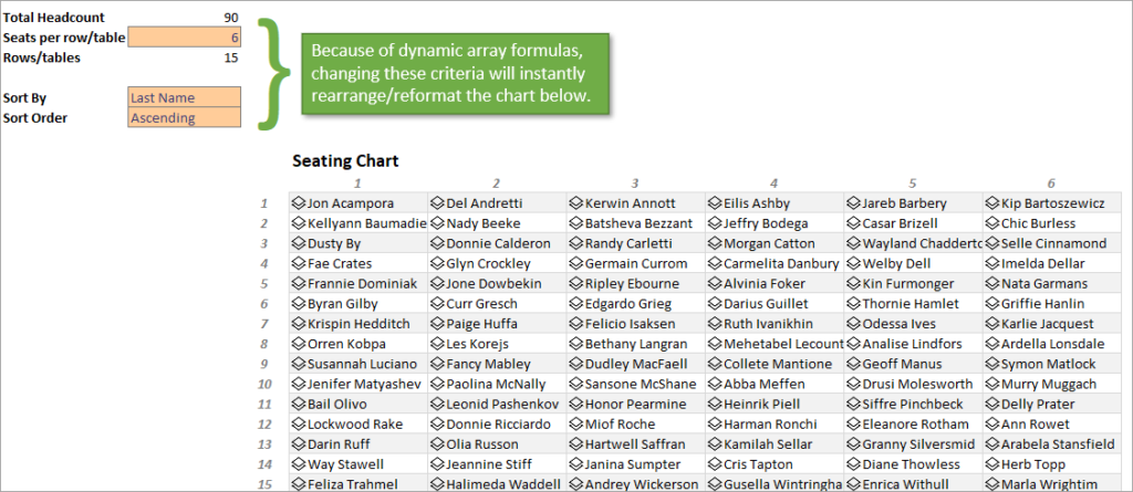 Dynamic array formulas used for seating chart spill range