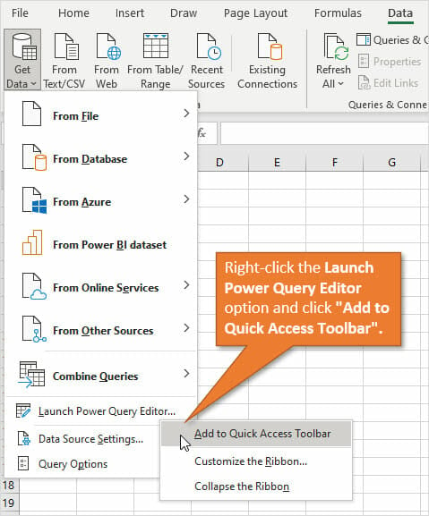 Add Power Query Editor button to Quick Access Toolbar in Excel