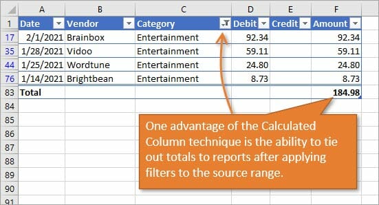 Calculated Column on Bank Statement Good for Comparing Filtered Range to Report Summary