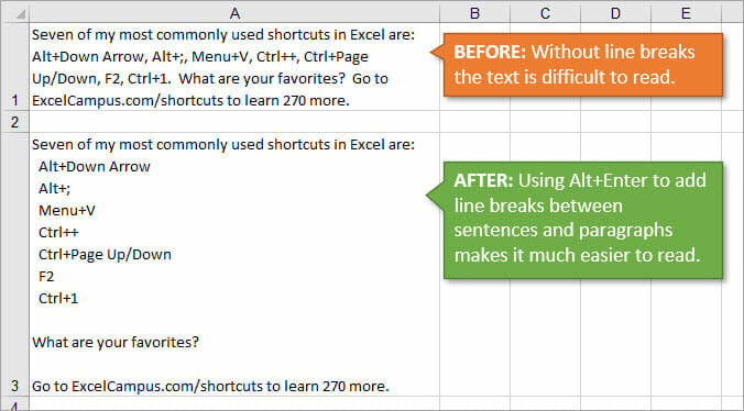 Excel Line Breaks and Text Wrapping Between Paragraphs and Sentences in Same Cell