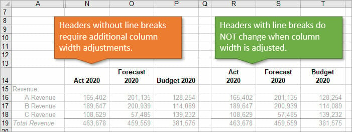 Excel Report Headers With and Without Line Breaks Comparison