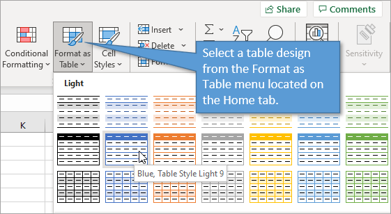 Format as Table menu on the Home tab