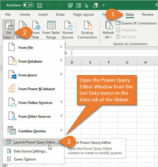Open the Power Query Editor Window from the Get Data menu on the Data tab of the ribbon in Excel
