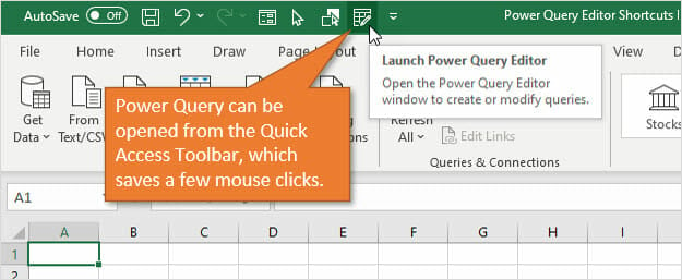 Power Query Editor button on the Quick Access Toolbar in Excel