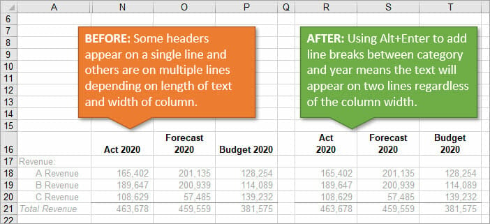 Report Headers in Excel Before and After Line Breaks to Wrapt Text