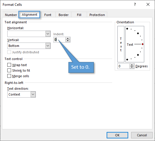 Indent Setting on alignment Tab of Format Cells Window
