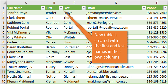 Output table with split columns for first and last names