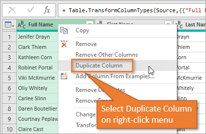 Select Duplicate Column on right click menu