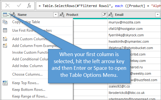 Table Options Menu in Power Query Editor