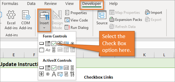 Check Box option on Developer Tab Form Controls