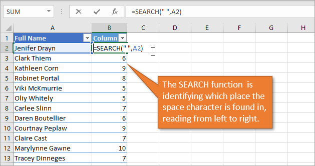 SEARCH function to identify space character