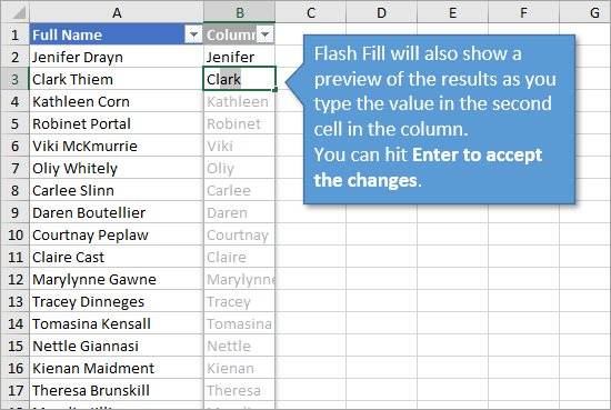Flash Fill Autofill Preview in Excel