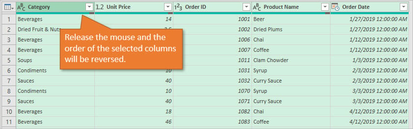 Power Query Reverse Column Order - Multiple Columns Reordered After Releasing Mouse