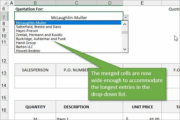 Merge and center to widen dropdown list