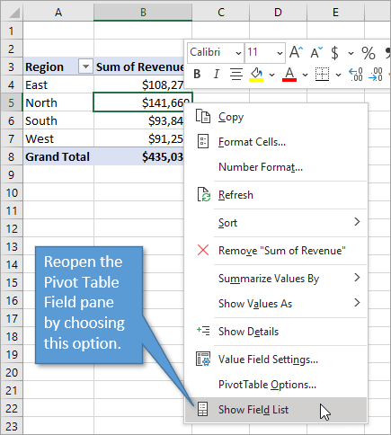Right click menu for pivot table to open field list