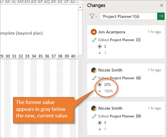 Show changes task pane highlighting change to values