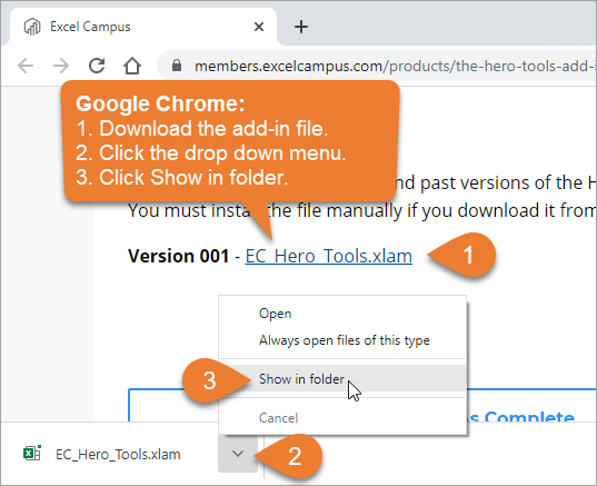Download the Hero Tools Add-in file on Google Chrome and Show in folder