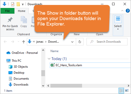 Downloads Folder in File Explorer - Hero Tools Add-in