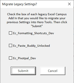 Select add-ins to migrate legacy settings in Hero Tools Add-in for Excel