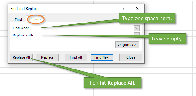 replace space with return line excel mac os x