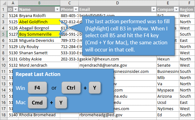 Repeat Last Action in Exce with Keyboard Shortcut F4 Cmd Y