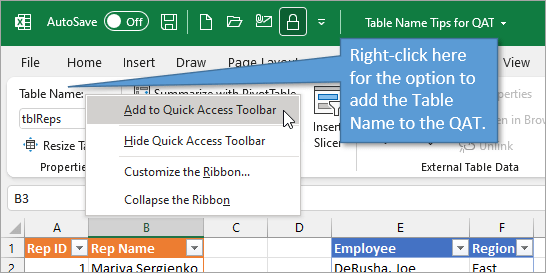 Add Table Name to Quick Access Toolbar