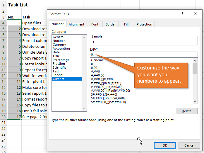 Custom format for numbered list