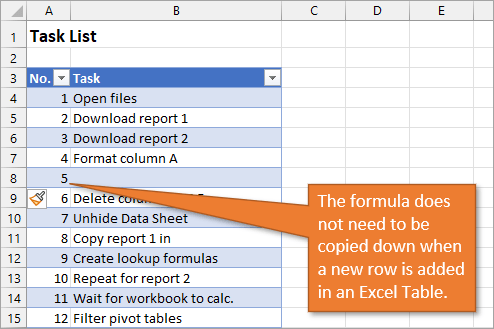 Dynamic numbered list in an excel table