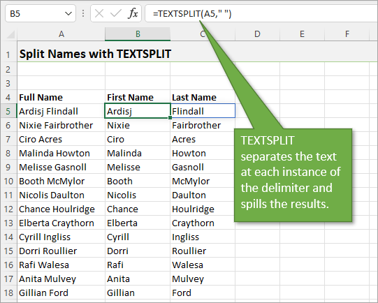 Textsplit separates text into columns