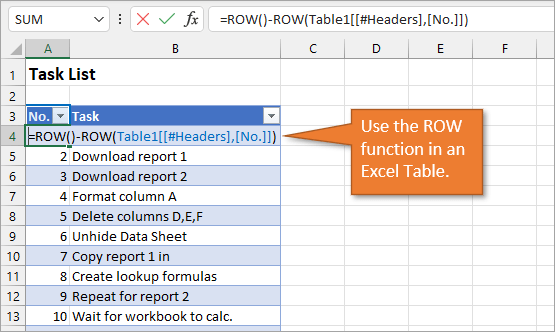 Use the ROW Function in an Excel Table