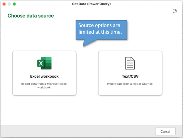 Source options limited for Power Query Mac