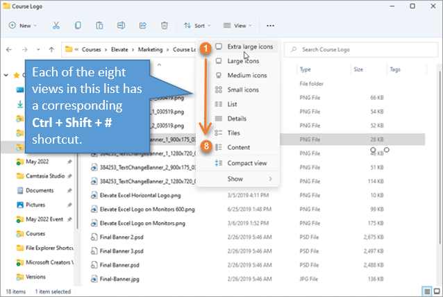 file explorer view shortcuts