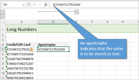 Apostrophe to store number as text