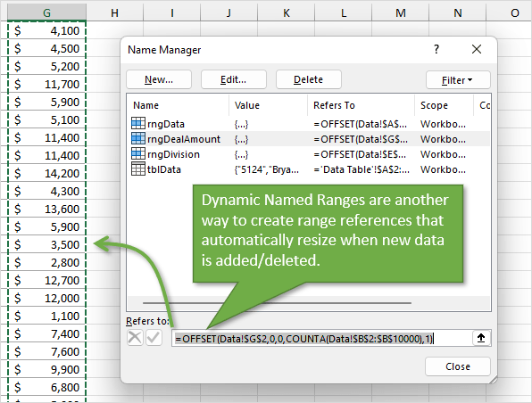 Dynamic Named Ranges in Excel Automatically Resize