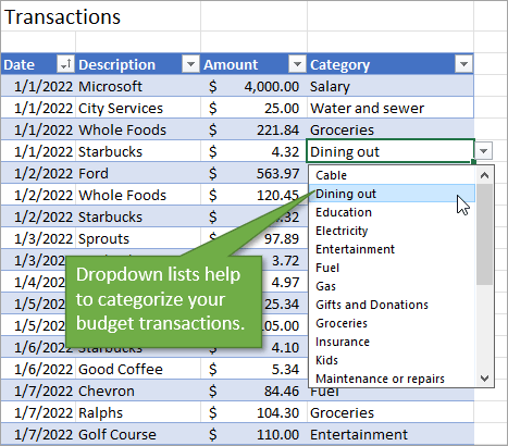 Dropdown lists help you categorize budget transactions
