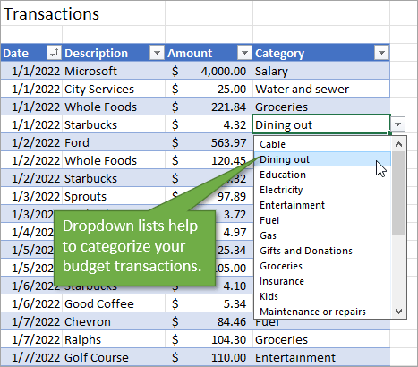 Dropdown lists help categorize budget transactions