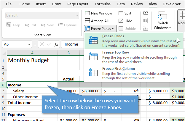 Freeze panes to freeze multiple rows or columns

