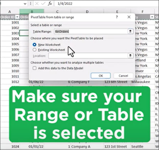 Make sure your range or table is selected in the PivotTable window.

