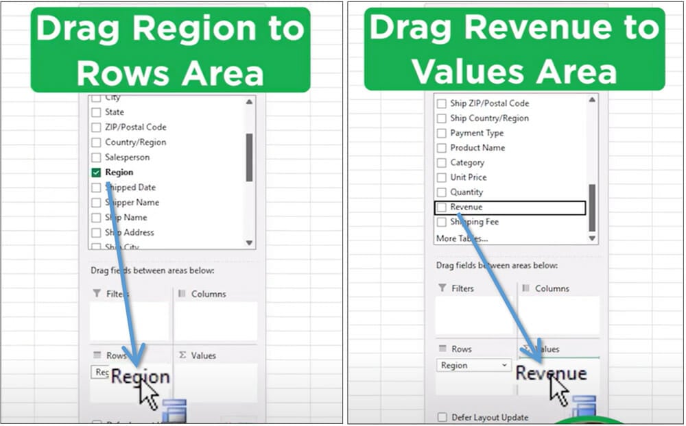 Region to Rows area and Revenue to Values area