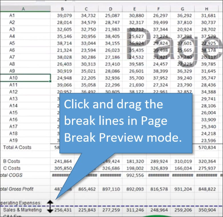 Click and drag break lines in Page Break Preview Mode.