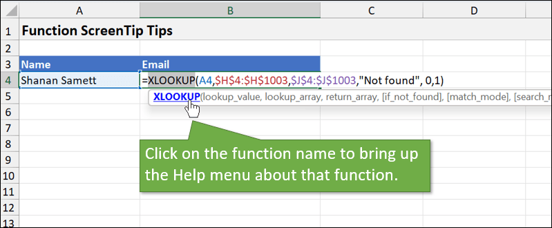 Click on function name in Function ScreenTip to bring up help menu