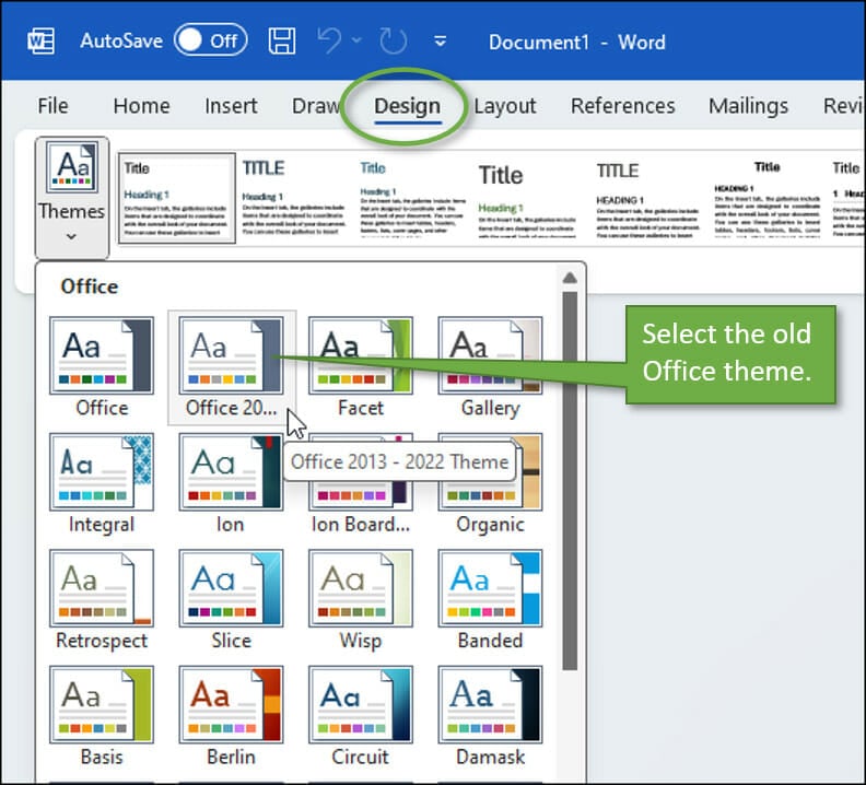 Select the old office theme in Word