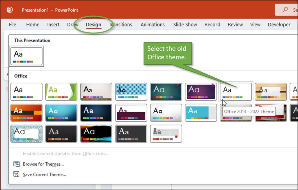Select the old office theme in PowerPoint