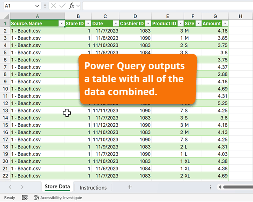 Power Query Output Table of CSV Files Combined Appended in Excel